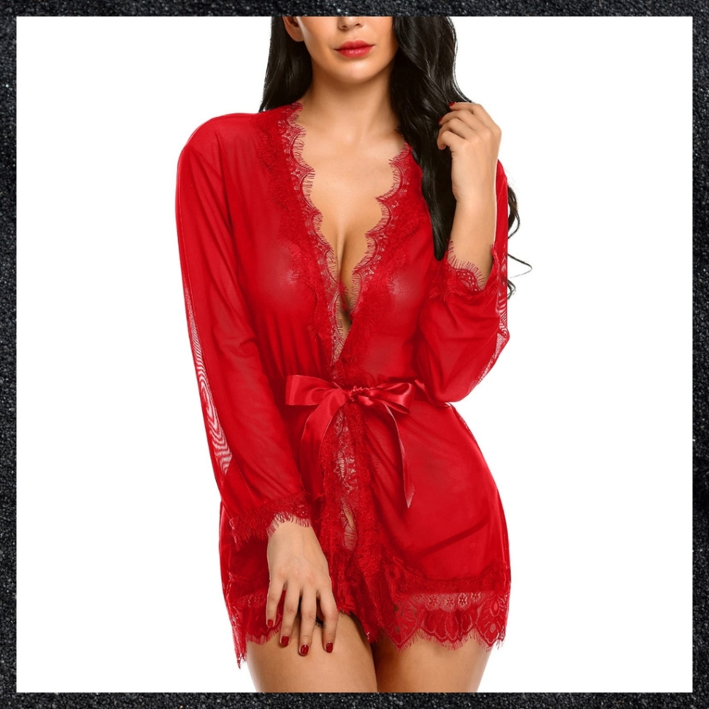 Red Sheer Chiffon Eyelash Lace Trim Robe